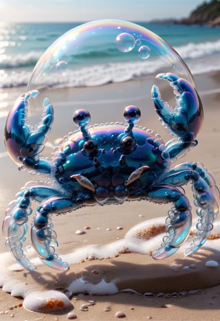 photorealistic fully transparent  crab made of soap bubbles, highly detailed, on the beach in front of the ocean, perfectly rendered