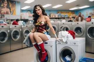 Photo of Wonder Woman sitting on top of a washing machine at Laundromat. She is wearing white underwear, socks, and cleaning gloves. The background have people talking and tending to their laundry.