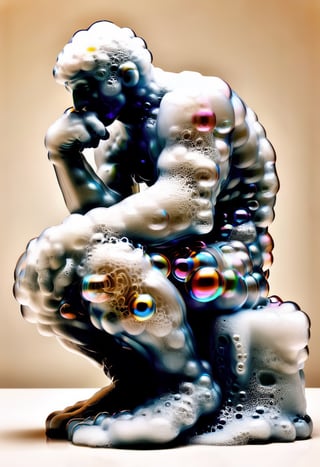 Made out of soap bubble, bath foam, The Thinker, Le Penseur,  by Auguste Rodin, colored bubbles
