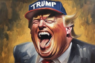 Oil Painting. Close up of Donald Trump laughing with his mouth open, wearing MAGA baseball cap. v0ng44g p0rtr14t