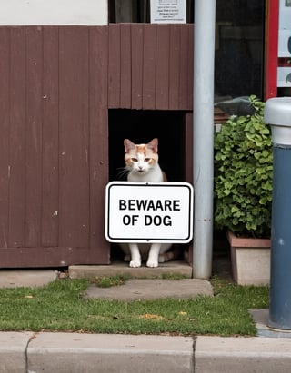 Candid Street photo of a cat hiding behind a sign that says "Beware of dog"