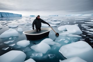 Photo of a man navigating a bathtub through Arctic ice. BREAK Picture of a person paddling a bathtub across icy Arctic waters. BREAK Image of a man rowing a bathtub amidst Arctic ice floes. BREAK Snapshot of someone steering a bathtub through frozen Arctic terrain. BREAK Photograph of a man maneuvering a bathtub over ice in the Arctic.