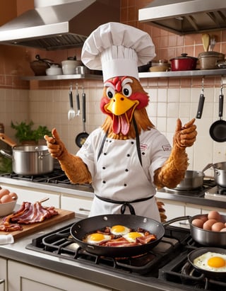 A chicken, wearing a chef's hat and apron, skillfully (frying bacon) and eggs in a sizzling pan. The chicken is standing in a well-equipped kitchen with a smiling face, showcasing its culinary skills. The background features a cluttered countertop with various utensils and ingredients, adding to the charming atmosphere of the scene.