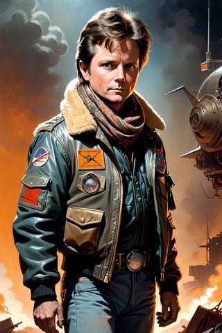 (portrait of Michael J Fox wearing old futuristic flight jacket, scars, scrap metal, radio, scarf, 1970s), in the style of Frank Frazetta, Arther Rackham, Dean Cornwell, pulp, volumetric lighting, dramatic lighting, pulp science fiction, black, smoke, belt, backpack, warm colors