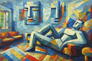 Abstract cubism impasto painting of a giant face sitting on a sofa in a living room, Impasto style. Art by Georgy Kurasov,painting, MoDernart
