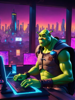 Shrek hacking on a computer, glowing screen. Large window, cyberpunk cityscape.   DreamWorks Animation ,cyberpunk style