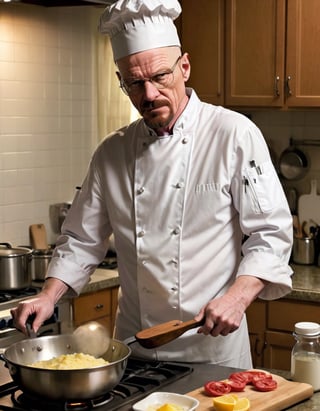 Walter White dressed as a chef cooking dinner in the kitchen