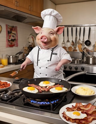 A pig, wearing a chef's hat and apron, skillfully (frying bacon) and eggs in a sizzling pan. The pig is standing in a well-equipped kitchen with a smiling face, showcasing its culinary skills. The background features a cluttered countertop with various utensils and ingredients, adding to the charming atmosphere of the scene.