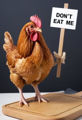 A chicken on a chopping board  holding sign that sayd "Dont' Eat Me"