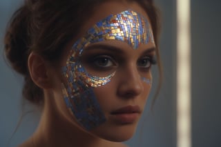 cinematic film still of a cucoloris patterned illumination casting a horizontal rectangle strip shadow on a woman with a horizontal shadow on her faces, the beautiful mosaic princess