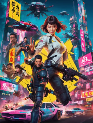 Japanese movie poster in the 1960s, Cyberpunk 2017, Man wear VR Helmet, cyberpunk armor:1.6),(men and women who run away in the foreground:1.2),(facial expression of fear:1.5),the face of a man and woman with another cut in the lower right right,modern building,(beautiful actress:1.3),(actress shouting:1.3),(boyal actor:1.1),actor to point,scientist with black eyepatch,people who run away,