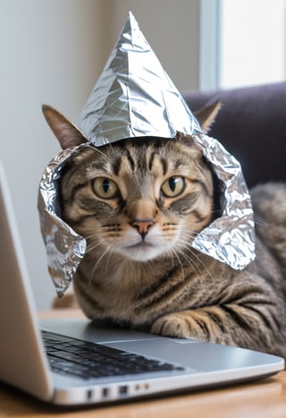 Photo of a cat wearing a tin foil hat, looking at a laptop screen.