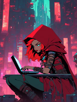 Little Red Riding Hood hacking on a computer, Big Bad Wolf watchig her. cyberpunk cityscape. 