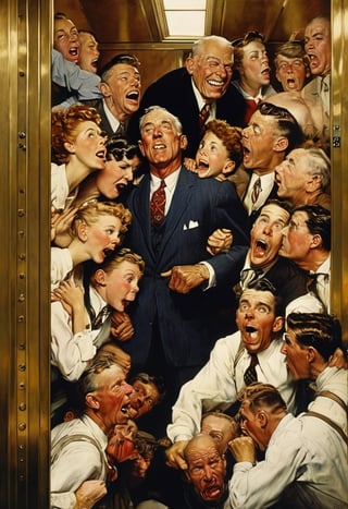 Interior of an elevator. A businessman, akimbo, joyfully & proudly farting on a crowded elevator as others wretch, grimace, and cover their noses, Norman Rockwell painting