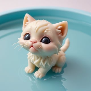 Profile of a wax sculpture of a tiny cute chibi kitten, looking up, melting in a pool of wax