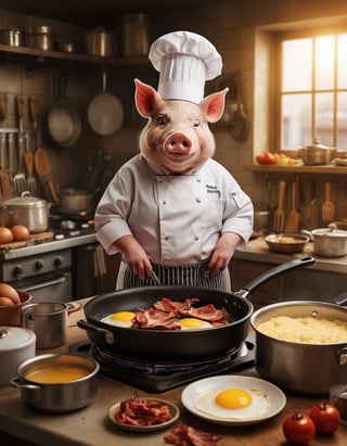 A pig, wearing a chef's hat and apron, skillfully (frying bacon) and eggs in a sizzling pan. The pig is standing in a well-equipped kitchen with a smiling face, showcasing its culinary skills. The background features a cluttered countertop with various utensils and ingredients, adding to the charming atmosphere of the scene.