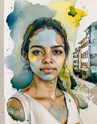 Portrait of a Brazilian woman. watercolor sketch, archdrafting, drafting of building, downtown Rio de Janeiro, pastel colors, straight lines, geometric shapes