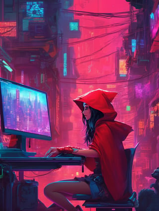 Little Red Riding Hood hacking on a computer, Big Bad Wolf watchig her. glowing screen. Large window, cyberpunk cityscape.   DreamWorks Animation ,cyberpunk