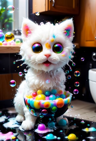 Made of bath foam and soap bubbles, photograph capturing a kitten, M&M out of a bowl, with sharp focus, vibrant colors, strong film grain, cinematic lighting,  dream, on the kitchen table near the sink, sunny