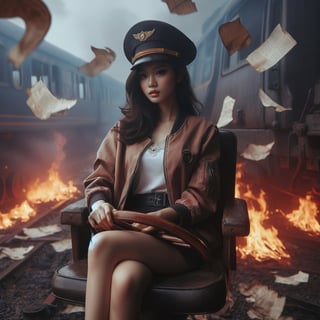 (masterpiece), (best quality), (extremely detailed)), ((One Beauty Indonesian Girl)) solo, medium shot, wearing jacket outfit, running on rail train, loating papers, damaged train background, masterpieces, HD quality, dark, haze and smoke.background features a subtle bokeh effect, enhancing the dreamlike atmosphere. With an HDR ratio of 1.5, the image showcases high contrast, emphasizing the interplay between darkness and light. The cinematic composition is enriched with a soft pink and tosca color grading at 0.85 intensity, infusing the scene with a mesmerizing aesthetic. Muted colors, dim colors, and soothing tones of 1.4 create an otherworldly ambiance. The overall saturation is intentionally kept low, enhancing the mysterious allure of the composition. background nature,wearing mini earring, ugly fingers, 5 finger, ultrasharp
,aesthetic portrait,detailmaster2,xxmixgirl,dark moody atmosphere,LegendDarkFantasy,Movie Still,more detail XL,shards,Cinematic ,chinese girls,Masterpiece,xxmix_girl,FilmGirl