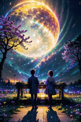 (1boy) and (1girl), Standing in flower field looking up (full moon), (shooting stars), (nebula), (sakura0), warm light source:), (firefly), intricate details, volumetric lighting,   High-definition image,  (Masterpiece,  Best Quality,  8k, good face, ,High detailed , colorful details, (rainbow colors),(glowing lighting, atmospheric lighting), dreamy, magical.