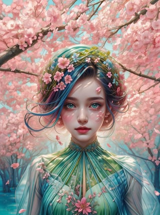 a colorful digital artwork of a woman's head decorated by tree's branches and leaves, in the style of magic in spring theme, flower blooming everywhere, multi color flower, small flower petals in the air, graceful surrealism, depictions of urban life, (bright sky-blue and green), portraitures with hidden meanings, caricature-like illustrations, metropolis meets nature ,midjourney, double exposure,1 girl,High detailed ,(spring),(colorful),(vibrant color),EpicSky,no_humans