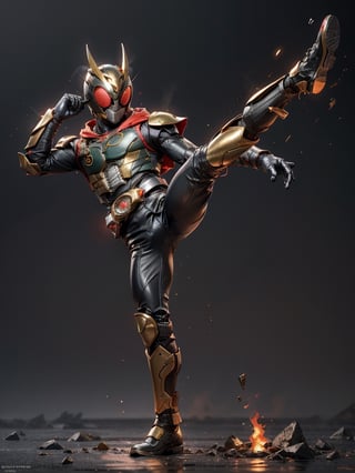 Kamen rider, 2 horns, ultra hd, detailed body, full body, detailed hands, detailed face, detailed blue eyes, red sweater, gold sleeves, hood, low hood, water floating, some fire and glitter background, hdr,Kamen_Rider_Black_RX