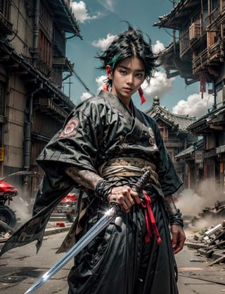 A Man with black hair, green eyes, Asian origin, wearing Urban Street Style,  white skin, background_detailed, eyes_detailed_v2, weapon, sword, colorful_style, add_more_details, perfecteyes, high_detailed.,weapon,cloud,gu, katanasword,