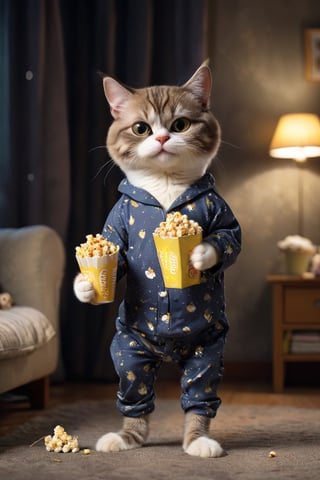 Picture of a cat that is acting like a human,  holding pop corn,  the cat is standing on legs,  Human sized cat in dark room,  the cat is wearing pyjamas and looking sleepy, blurry background.