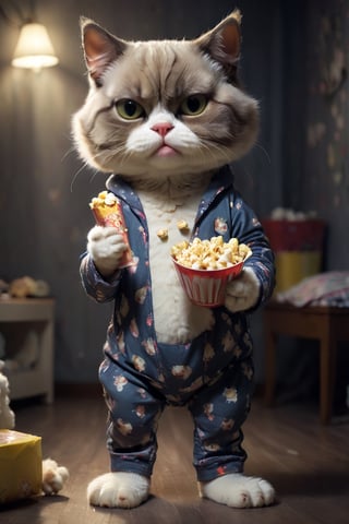 Picture of a cat that is acting like a human,  holding pop corn and eat popcorn,  the cat is standing on legs,  Human sized cat in dark room,  the cat is wearing pyjamas and looking sleepy, blurry background.