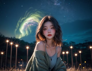 A beatutiful woman wearing cardigan on a open field, embers of memories, colorful, (photo-realisitc), nebula background, nebula theme,exposure blend, bokeh, (hdr:1.4), high contrast, (cinematic, teal and green:0.85), (muted colors, dim colors, soothing tones:1.3), low saturation,fate/stay background,yofukashi background,(pureerosface_v1:0.8), (ulzzang-6500-v1.1:0.8),Beautiful eyes ,ASU1,bare shoulders,dream_girl,midjourney