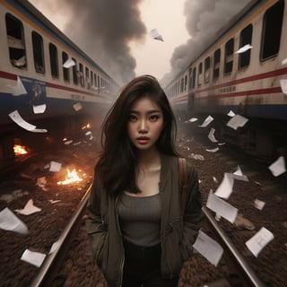 (masterpiece), (best quality), (extremely detailed)), ((One Beauty Indonesian Girl)) solo, medium shot, wearing jacket outfit, running on rail train, loating papers, damaged train background, masterpieces, HD quality, dark, haze and smoke.background features a subtle bokeh effect, enhancing the dreamlike atmosphere. With an HDR ratio of 1.5, the image showcases high contrast, emphasizing the interplay between darkness and light. The cinematic composition is enriched with a soft pink and tosca color grading at 0.85 intensity, infusing the scene with a mesmerizing aesthetic. Muted colors, dim colors, and soothing tones of 1.4 create an otherworldly ambiance. The overall saturation is intentionally kept low, enhancing the mysterious allure of the composition. background nature,wearing mini earring, ugly fingers, 5 finger, ultrasharp
,aesthetic portrait,detailmaster2,xxmixgirl,dark moody atmosphere,LegendDarkFantasy,Movie Still,more detail XL,shards,Cinematic ,chinese girls,Masterpiece,xxmix_girl,FilmGirl