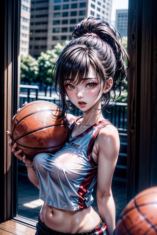 (((1ponytail hair girl:1.3, solo))), (a extremely pretty and beautiful milf:1.3), (22 years old: 1.1), (pointing at you:1.3), (stylish basketball posing:1.3), (open stance:1.3), (dribbling:1.3),  at basketball arena, holding a basketball,spot light ,
break, 
(up-ponytail:1.3), (shiny-black thin hair:1.2), bangs, dark brown eyes, beautiful eyes, princess eyes, bangs, Hair between eyes, short hair:1.3, slender, (gigantic breasts:1.3, sagging breasts:1.3, disproportionate breasts;1.3), (thin waist: 1.3), (detailed beautiful girl: 1.4), Parted lips, Red lips, full-make-up face, (shiny skin), ((Perfect Female Body)), (upper body Image:1.3), Perfect Anatomy, Perfect Proportions, (most beautiful Asian actress face:1.3, extremely cute and beautiful Korean idol face:1.3), (seductive emotion:1.3), (blowjob face:1.3, open mouth:1.3), (4fingers and thumb:1.3), (perfect ratio human hands:1.3), 
BREAK, 
(wearing red +white basketball unifrom:1.3), (sports shorts:1.3), (basketball shoes:1.3), detailed clothes, 
BREAK, 
a basketball arema, basketball, baseketball goal, audience, player, coach, 
BREAK, 
(Realistic, Photorealistic: 1.37), (Masterpiece, Best Quality: 1.2), (Ultra High Resolution: 1.2), (RAW Photo: 1.2), (Sharp Focus: 1.3), (Face Focus: 1.2), (Ultra Detailed CG Unified 8k Wallpaper: 1.2), (Beautiful Skin: 1.2), (pale Skin:1.3), (Hyper Sharp Focus: 1.5), (Ultra Sharp Focus: 1.5), (Beautiful pretty face: 1.3), (super detailed background, detail background: 1.3), Ultra Realistic Photo, Hyper Sharp Image, Hyper Detail Image, ,Indoor Grey