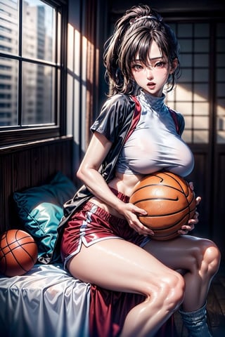 (((1ponytail hair girl:1.3, solo))), (a extremely pretty and beautiful milf:1.3), (22 years old: 1.1), (pointing at you:1.3), (stylish basketball posing:1.3), (open stance:1.3), (dribbling:1.3),  at basketball arena, holding a basketball,spot light ,
break, 
(up-ponytail:1.3), (shiny-black thin hair:1.2), bangs, dark brown eyes, beautiful eyes, princess eyes, bangs, Hair between eyes, short hair:1.3, slender, (gigantic breasts:1.3, sagging breasts:1.3, disproportionate breasts;1.3), (thin waist: 1.3), (detailed beautiful girl: 1.4), Parted lips, Red lips, full-make-up face, (shiny skin), ((Perfect Female Body)), (upper body Image:1.3), Perfect Anatomy, Perfect Proportions, (most beautiful Asian actress face:1.3, extremely cute and beautiful Korean idol face:1.3), (seductive emotion:1.3), (blowjob face:1.3, open mouth:1.3), (4fingers and thumb:1.3), (perfect ratio human hands:1.3), 
BREAK, 
(wearing red +white basketball unifrom:1.3), (sports shorts:1.3), (basketball shoes:1.3), detailed clothes, 
BREAK, 
a basketball arema, basketball, baseketball goal, audience, player, coach, 
BREAK, 
(Realistic, Photorealistic: 1.37), (Masterpiece, Best Quality: 1.2), (Ultra High Resolution: 1.2), (RAW Photo: 1.2), (Sharp Focus: 1.3), (Face Focus: 1.2), (Ultra Detailed CG Unified 8k Wallpaper: 1.2), (Beautiful Skin: 1.2), (pale Skin:1.3), (Hyper Sharp Focus: 1.5), (Ultra Sharp Focus: 1.5), (Beautiful pretty face: 1.3), (super detailed background, detail background: 1.3), Ultra Realistic Photo, Hyper Sharp Image, Hyper Detail Image, ,Indoor Grey