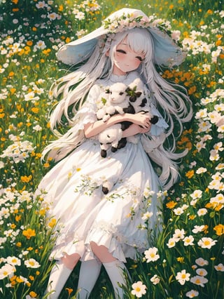 1 girl, sleep in flower field, holding cute white lamb ,Witch, detailed lamb , detailed face, 