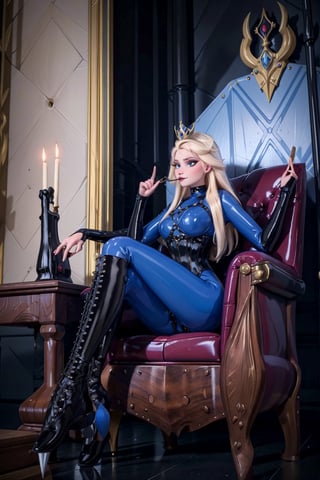 ,bdsm, body harness, latex catsuit. Elsa, latex corset, mistress, a dominant look, big boobs, whip in hand, crown, sitting on a throne, spikey throne room, evil, darkness, evil smile, throne room,  sitting, queen,thigh high boots,from below,legs_open,whip,view from below,low_angle,slave beneath her feet,slave,2 girls, slaves, multiple girls,Latex,latex full head mask:2.2,elsa,huge StrapOn Dildo,harness, anna,huge penis,futanari,spreading legs,erection,blue bodysuit,bondage outfit,large_coneja,veiny penis