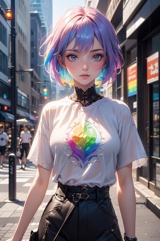1 Female figure made of glass, 18 years old, mysterious beautiful girl, made of rainbow-colored material, head and face also made of transparent glass, wearing a T-shirt, long cargo pants, lace up boots, dynamic pause, sidewalk in a big city during daytime, upper body close-up shot,