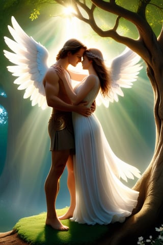 A male angel and a female angel embrace each other at the base of the Tree of Life.The male angel has an incredibly sturdy and handsome body with brown hair and a wild appearance, while the female angel is slender, short, fair-skinned, and has silver hair.