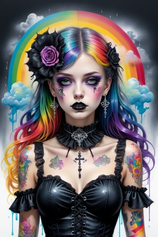 (Fashion Illustration:1.3) (Graffiti Urban Style Fashion:1.3) BREAK (Text "Gothic":1.6),(Fractal Art: 1.3), (Colorful Colors), (gothic lolita :1.3), Sick beauty, (Rainbow holographic tattoo :1.5), White Elegance, A morbid beauty in a Gothic Lolita costume, looking up at the rainy sky with a melancholy expression,