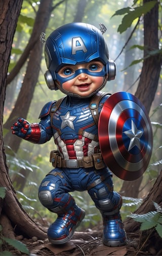 A happy robot baby captain america, dynamic pose, by Mark Keathley, Josephine Wall, photo, digital art, fantasy, digital painting, highly detailed, intricated, intricated pose, clarity, high quality, Watercolor, trending on artstation, sharp focus, studio photo, intricate details, highly detailed, by greg rutkowski