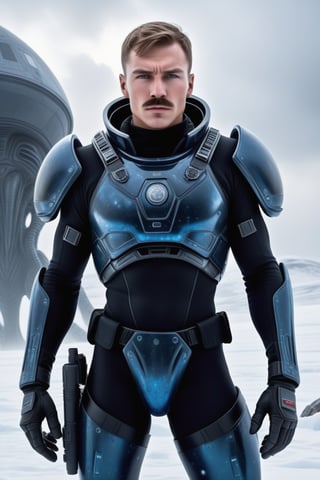 In a breathtaking photorealistic sci-fi image, a dashing young Russian man (((full body))), clad in an exquisite black star wars 1815-era army uniform, stands resolute outside amidst an alien landscape, his piercing gaze fixed intently on the horizon ((looks at something)). Frostbite has set in, with delicate ice crystals forming on his eyelashes and nose. The old army helmet sits atop his crew-cut hair, adding to his rugged determination. (((very big spaceship))),(((((((focus on alien blueblack slimy shiny bloated alien creatures)))))))

The dramatic side lighting casts long shadows across the snow, accentuating every contour of his chiseled face: wide jaws, wide nose, high cheekbones, and full lips, all set off by a thick, dramatic moustache. His muscular physique is evident beneath the uniform as he stands firm against the elements ((full body visible)).