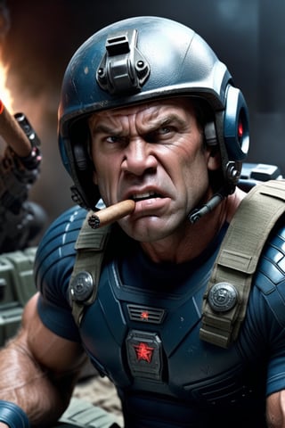 photorealistic,masterpiece,high quality,one hairy muscular man standing in a military blackblue sci-fi uniform. Short hair.photorealistic,hairy,portrait,close up,face,man is wearing a helmet. a short cigar is sitting in the corner of his mouth,man looks angry and is sneering,many aliens are attacking the man,