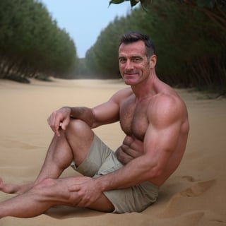 masterpiece,high definition,ultra realistic,one photorealistic handsome mature (hairy) man,Mature_European_Male,Realism,Browder,photorealistic,man is sitting on a beach.man is wearing a bulging speedo,collins,smile,