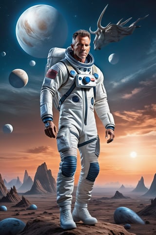 masterpiece,photorealistic,high quality,One mature muscular hairy man in a denim overall. Man is climbing in a alien landscape. Man is wearing a white futuristic spacesuit, sunset,dramatic lighting, two moons,younger,alien creatures that look like deer are flying in the background,