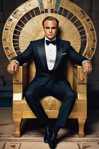 masterpiece,high definition,ultra realistic,portrait,((((art deco)))),one photorealistic handsome masculine (hairy) man,Realism,(((slick hair combed back))),(((man look like marlon brando))),(((man is wearing a black tuxedo))),hairy,face,illustration,handsome,gold,egypt,hiroglyph,one eyebrow raised up high,younger,(((man is sitting in an ancient delicate egyptian highly decorated chair))),