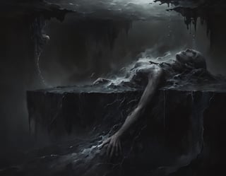 Bodies swallowed by the murky waters, dark void, overwhelmed for soul-less darkness, fantasy horror universe, digital painting, masterpiece, award winning,digital artwork, purity is the essence of the image ,smoke on the water,beksinskiart