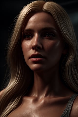 screenshot shows a woman who has a blonde hair, in the style of unreal engine 5, macro lens, experimental cinematography, shiny eyes, asymmetrical framing, matte photo, sharp focus