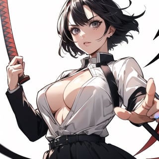 1girl, masterpiece, extremely detailed face, lineart, sketch art, standing still, front view ,line anime, serious, short hair, black headband, demon slayer uniform, chest exposed, attractive female, upper body, bangs, messy hair,(demon slayer), big chest, holding katana, pose, arm raised, rough_sketch