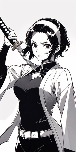 1girl, masterpiece, extremely detailed face, lineart, sketch art, standing still, front view ,line anime, serious, short hair, black headband, demon slayer uniform, chest exposed, attractive female, upper body, bangs, messy hair,(demon slayer), big chest, holding katana, pose, arm raised, rough_sketch,kochou shinobu