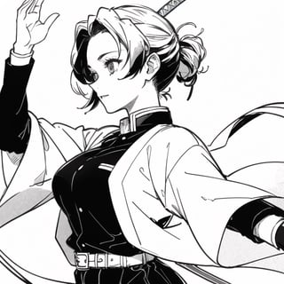 1girl, masterpiece, extremely detailed face, lineart, sketch art, standing still, front view ,line anime, serious, short hair, black headband, demon slayer uniform, chest exposed, attractive female, upper body, bangs, messy hair,(demon slayer), big chest, holding katana, pose, arm raised, rough_sketch,(demon slayer), side profile, 